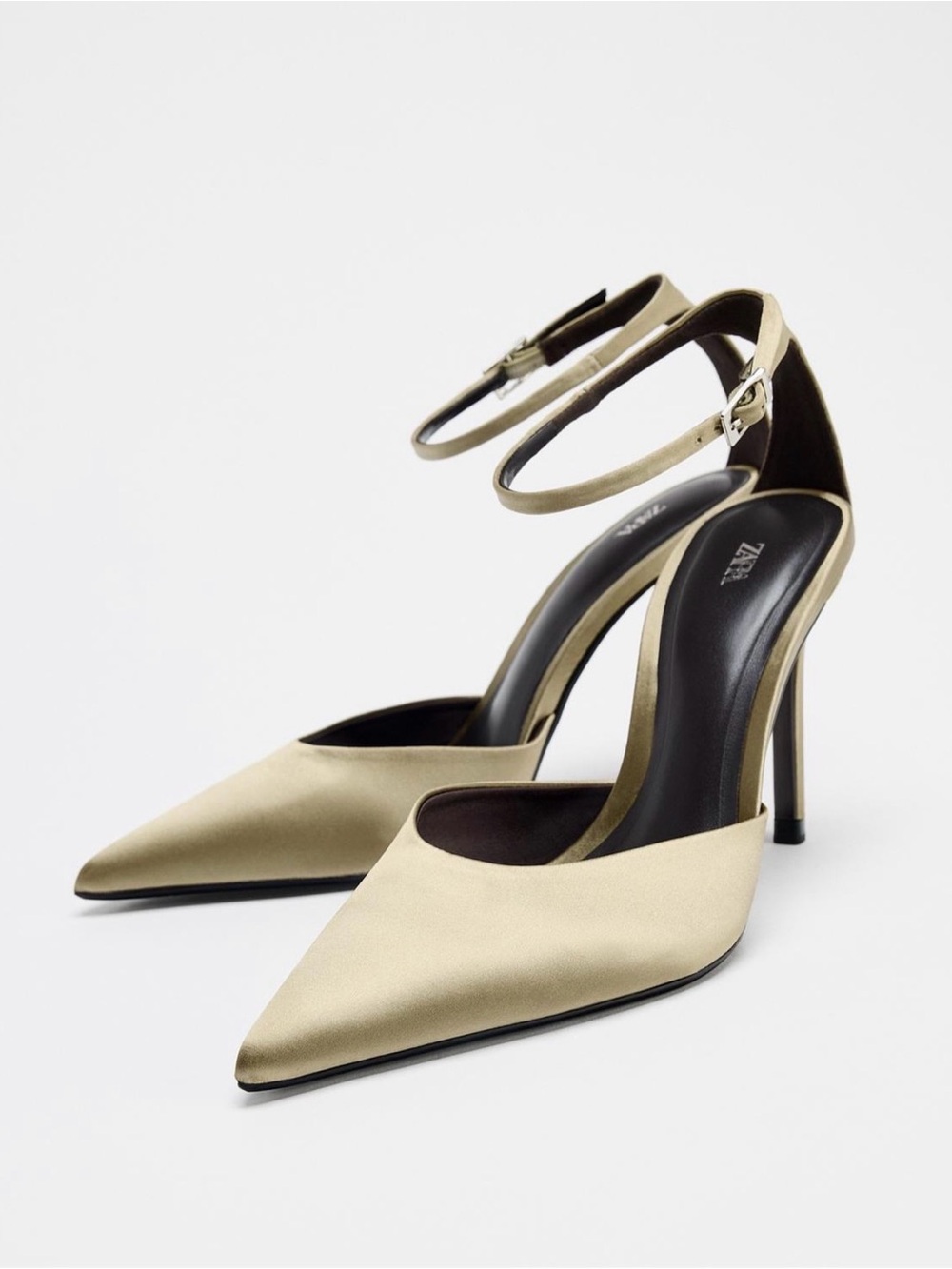 Zara Satin Effect D'Orsay Ankle Strap Heels Ivory Champagne Pointed Toe Pumps 38